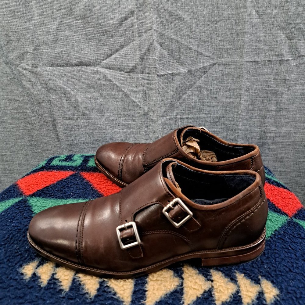 %COLE HAAN Men Double Monk Strap Shoes Grand OS Brown 7.5 M Cap-Toe / D6